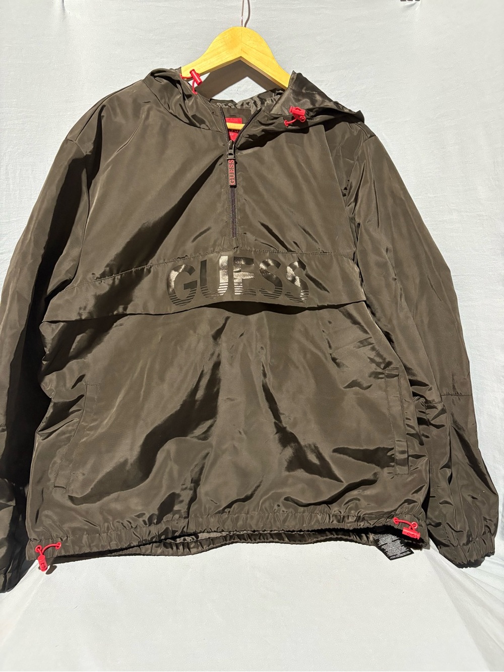 GUESS Men's Black Windbreaker with Red Accent Drawcords